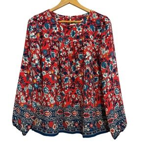 Loft Floral Long Sleeve Popover Prairie Boho Tunic Red Blue Top Size Small NWT